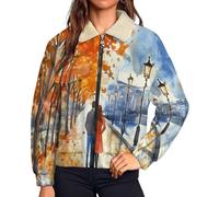 UOMSKTY Sherpa Fleece Jacket for Women, On The Embankment Couples Ladies Winter Warm Full Zip Coat, Streets Plants Long Sleeve Teddy Coats, Orange Stylish Fuzzy Outdoor Sport With Pockets M