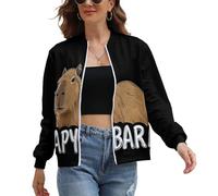 UOMSKTY Women's Bomber Jacket, Zip Up Stand Collar Baseball Jacket, Cartoon Animals Lightweight Open Front Flight Jackets, Long Sleeve Brown Capybara Coat Shirts with Pockets M