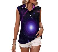 UOMSKTY Women's Polos Sleeveless Polo Shirts Galaxy Universe Vortex Nebula Tennis Button Gym Tops Ladies Quick Dry Golf Tops Workout Sports Running Tshirt, Black