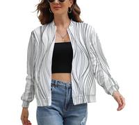 UOMSKTY Womens Sport Jacket, Abstract Ocean Waves Bomber Jacket Black Thin Line Print Lightweight Zip Up Long Sleeve Sportswear Tops, Long Sleeve Outwear White Leisure Coats XS