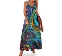 UOMSKTY Women's V Neck Peacock Feather Print Maxi Dresses, Swirl Feather Spaghetti Strap Dress,Sleeveless Open Back Casual Dresses,Party Club Night Long Beach Dress