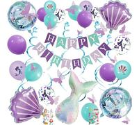 UOMYLEIR Mermaid Birthday Decorations, Happy Birthday Banner for Girls, Glitter Hanging,Butterfly Birthdays Party Decoration Bunting Banner with Balloons Supplies