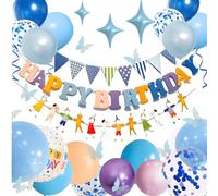 UOMYLEIR Pastel Birthday Decorations, Colorful Happy Birthday Banner ,Confetti Star Balloons, Glitter Hanging, Butterfly Party Decoration, Kids Bunting Banner with Balloon