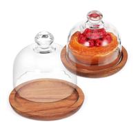 Uonlytech 2 Pcs Glass Butter Dish Cake Plate with Dome Food Foretaste Plate Sturdy Easy to Open Round Elegant Brown Wood and Glass Butter Dishes for Parties and Home
