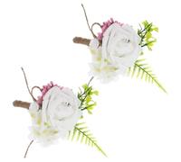 Uonlytech 2Pcs White PE Rose Corsage Bridal Brooch Set Artificial Bridegroom Lapel Pin Wedding Banquet Decoration Floral Accessory