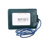 Uonlytech Blue Leather RFID Badge Holder Hanging Neck Lanyard Secure Travel Document and Boarding Pass Wallet Lightweight Convenient Id Badge Organizer for Work School Camping and Daily Use