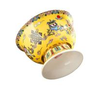 Uonlytech Ceramic Buddhist Offering Bowl 3.5-Inch Yellow Enamel High-Footed Sacrifice Bowl Eight Auspicious Symbols for Temple and Home Decoration