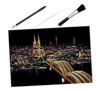 Uonlytech DIY Scratch Picture Night View Cologne Cathedral Scene with Bamboo Stick Gold Plated Pen and Brush Scraping Painting Paper for Artistic Home Decoration