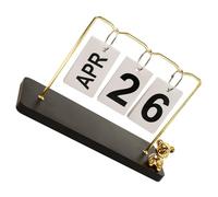 Uonlytech Rustic Wooden Desk Calendar Perpetual Flip Planner Multi Functional Date Display for Office Home Desktop Decoration Compact Reusable Organizer with Artistic Black Gold Metal Bear