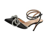 Uonlytech Women’s High Heel Sandals Black Satin Thin Heel Pointed Toe with Rhinestone Bow Tie Closure, Stylish Summer Dress Shoes for Size 41