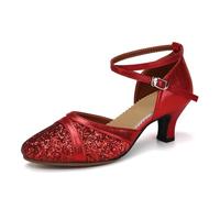 Uonpie Women's Latin Dance Shoes Sequin Closed Toe Ballroom Salsa Practice Performance Dance Shoes, Red, 4.5 UK
