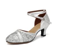 Uonpie Women's Latin Dance Shoes Sequin Closed Toe Ballroom Salsa Practice Performance Dance Shoes, Silver, 4.5 UK