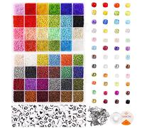 UOONY 35000pcs 2mm Glass Seed Beads for Jewelry Making Kit, 250pcs Alphabet Letter Beads, Tiny Beads Set for Bracelets Making, DIY, Art and Craft with Rolls of Elastic String Cord, Charms and Rings