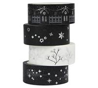 UOOOM 4Pcs Washi Tape Set Christmas Deco Black and White, Silver Foil | Decorative Masking Tape, Washi Paper, Stickers Adhesive, DIY Decoration Scrapbooking Crafts Gift