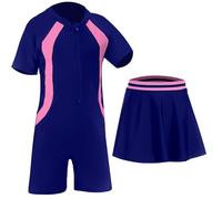 UoQo 2in1 Swimming Costume for Girls Short Sleeve One Piece Swim Suit with Skirt Quick Drying Kids Swimwear for Summer Swim Beach Water Sports (UK, Age, 10 Years, 12 Years, Regular, Blue)