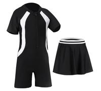 UoQo 2in1 Swimming Costume for Girls Short Sleeve One Piece Swim Suit with Skirt Quick Drying Kids Swimwear for Summer Swim Beach Water Sports (UK, Age, 12 Years, 14 Years, Regular, Black)