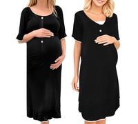 UoQo Nursing Nightdress Soft Maternity Breastfeeding Nightwear Ruffle Hem Labour Nightie Birthing Gown Pyjamas for Women Hospital Bag Pregnancy Essentials Black