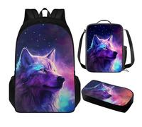 Uorisanigo Galaxy Wolf Preschool Backpack Boys with Lunchbox Cool Boys Bookbag and Lunch Box Set 3 Piece Backpack Set with Pencil Case for Daycare Primary Elementary Middle School
