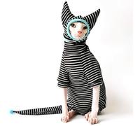 UOSIA Cat Jumpsuit Pajamas with Hat and Tail Cover for Hairless Cats, Sphynx, Devon Rex, Kitten, Winter, German Velvet, XS, Striped, Unisex, Bodysuit, Sleepwear