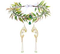 UOSIA Fairy Ears With Elf Crown Woodland Tiara Headband With Gold Elf Ear Green Crystal Princess Crown For Halloween Cosplay Photoshoot Wedding