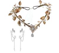 UOSIA Fairy Elf Ear Cuffs Set Pearl Fairy Leaf Crown With Rhinestone Pendant Elven Princess Tiara Elf Headpiece For Cosplay Halloween Costume