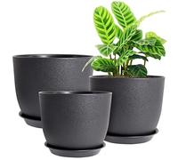 UOUZ 12/10/9 Large Modern Plant Pots, Plastic Planters with Drainage Holes and Saucers for Indoor Outdoor Plants Flowers, Black