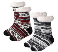 Uoxmiy 2 Pairs Slipper Socks Women 4-7 Non Slip Fluffy Thermal Socks Womens Winter Fuzzy Slipper Sock with Snowflake & Elk Prints Warm and Comfortable Christmas Gifts Stocking Stuffer