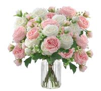 Uoxmiy 6 Bunches Peony Hydrangea Artificial Flowers, Mixed Roses Artificial Flowers Pink and White, Fake Flower Bouquet for Home Wedding Outdoor Decoration