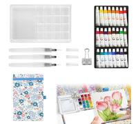 Uoxmiy 7 PCS Pocket Watercolour Paint Travel Set, Mini Painting Set with 16 Grids Portable Palette, Sketchbook, Brush, Paint and Clip for Painters Artists and Student (24 Colors)