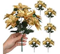 UoYeet 6 Pack Artificial Poinsettia Bushes, 25cm Gold Christmas Flowers with 7 Heads Each, Lifelike Silk Faux Poinsettia for Xmas Tree Ornaments, Wreaths, Table Centerpieces & Festive Home Décor