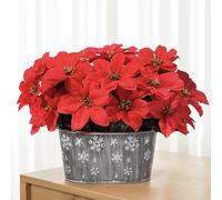 UoYeet Christmas Table Decoration Artificial Plants Indoor, Poinsettia Artificial Flowers in Rustic Metal Pot with Snowflake Patterns for Christmas Table Centerpiece and Home Décor Gifts
