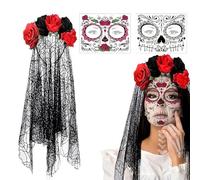 Uozonit Day of the Dead Costume for Adults - Clothing Face Makeup | Lace Veil Costumes | for Women Adults Bride Face Halloween Cosplay Masquerade Party Stage Performance