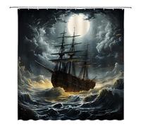 UOZXOML Nautical Shower Curtain Pirate Ship Ocean Night Full Moon Great Waves Vintage Seascape Grey Cloud Sailboat Fabric Bathroom Decor Curtains with Hooks,70 x 70