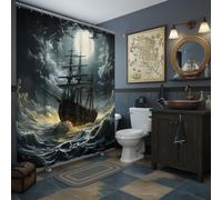UOZXOML Nautical Shower Curtain Pirate Ship Ocean Night Full Moon Great Waves Vintage Seascape Grey Cloud Sailboat Fabric Bathroom Decor Curtains with Hooks,70 x 70