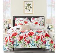 Uozzi Bedding 3 Piece King Reversible Floral Quilt Set White Red Green Colorful Soft Microfiber Lightweight Summer Coverlet Red Flowers Adult Bedspread for All Season -1 Quilt +2 Pillow Shams