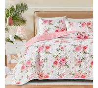UOZZI BEDDING Floral Quilt Set 3 Pieces Queen Size White Pink Flower Soft Microfiber Lightweight Summer Reversible Coverlet Bedspread for All Season -1 Quilt 88 * 88 + 2 Pillow Shams