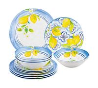 UP 12-Piece Melamine Dinnerware Set, Includes Dinner Plates, Salad Plates, Bowls, Service for 4. (Lovely Lemons)