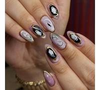 Up False Nails Halloween Artwork Collection | Almond Shape, Soft Lavender Finish, Gold Accent Detail, 30 Piece Manicure Glow Glisten