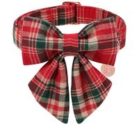 UP URARA PUP Christmas Plaid Dog Collar with Bow Tie- Adjustable Red & Green Checkered Dog Collar for Small Medium Large Dogs, Soft Xmas Plaid Puppy Collars with Quick Release Buckle L