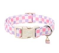 UP URARA PUP Cute Plaid Cotton Dog Collar, Pink Purple Checkered Dog Collar, Soft Adjustable Puppy Collars with Charm & Quick Release Buckle for Small Medium Large Dogs