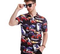 UPAAN Men Retro Cars 3D Printing Casual Button Down Shirt Funny Graphic Short Sleeve Hawaiian Shirts - Black - XXL