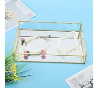 UPALDHOU Durable Vintage Metal Glass Storage Box Gold Tray Jewelry Organizer, Portable Makeup Case for Cosmetics Display on Vanity Desk (Rectangular, Large)