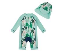 upandfast Baby Boy Swimsuit Infant/Toddler Swimwear UPF 50+ Sun Protection One Piece Zipper Bathing Suit with Sun Hat (Green Leaves, 9-12 Months)