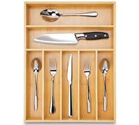 Upassion Bamboo Kitchen Drawer Organizer, 13 Inch Silverware Organizer with Extra-deep Grooved Divider, 7 Slots Pure Bamboo Wood Caddy for Flatware Cutlery Knives, Forks, Spoons