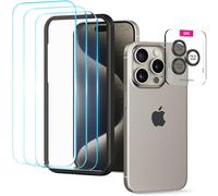 Upcommon UARMOR Glass HD Clear Screen & Camera Lens Protector for iPhone 15 Pro, 9H Tempered Glass with Easy Installation Kits - 3+1 Pack (3 Clear Screen Protectors, 1 Black Lens Protector Set)