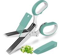 Updated 2023 Herb Scissors Set - Cool Kitchen Gadgets for Cutting Fresh Garden Herbs - Herb Cutter Shears with 5 Blades and Cover, Sharp and Anti-Rust Stainless Steel, Dishwasher Safe (Blue-White)
