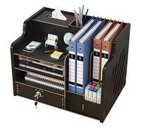 Updated Wooden Desktop Organiser with Drawer, Large Capacity Desk Tidy Storage Holder File Rack A4 Paper Document Sorter DIY Office Supplies Storage Box for Home, Office and School (JB07-2 Black)