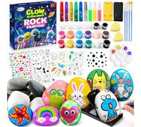 UPDOKIT Kids Rock Painting Kit, Arts and Crafts for Kids Age 3-12 with Glow in The Dark Paint & Stickers, White & Natural Stones, Craft Paint Kits, DIY Christmas Creative Craft Presents for Boys Girls