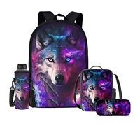 Upetstory 4 Pcs/set Kids School Backpack with Lunch Bag Pencilcase Water Bottle Sleeve, Cool Wolf, M, Daypack Backpacks