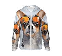 Upf 50+ Sun Protection Hoodie Jacket Full Zip Long Sleeve Sun Shirt Chihuahua Dog Glasses Fishing Shirt, Black, Large